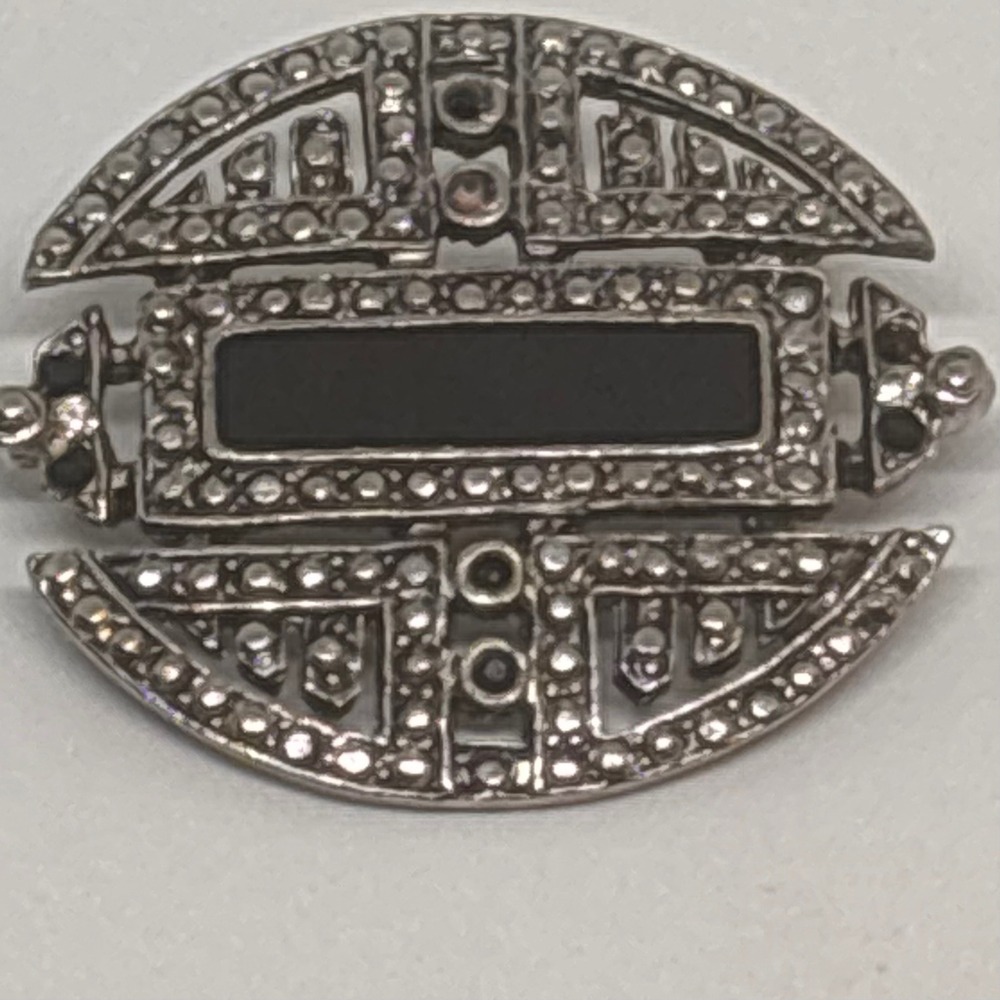 Vintage‎ Art Deco Style Onyx Marcasite Brooch Pin Sterling Silver Geometric